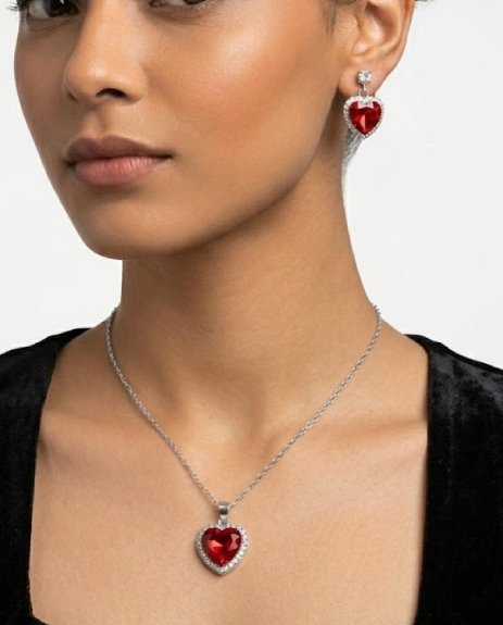 Red Heart Necklace With Tops Set Silver – Red