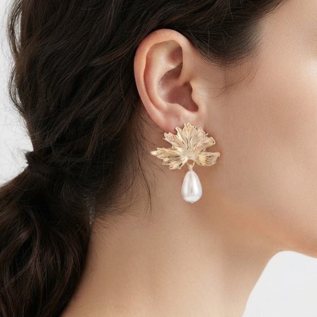 Leaf Pearl Drop Earrings Pair