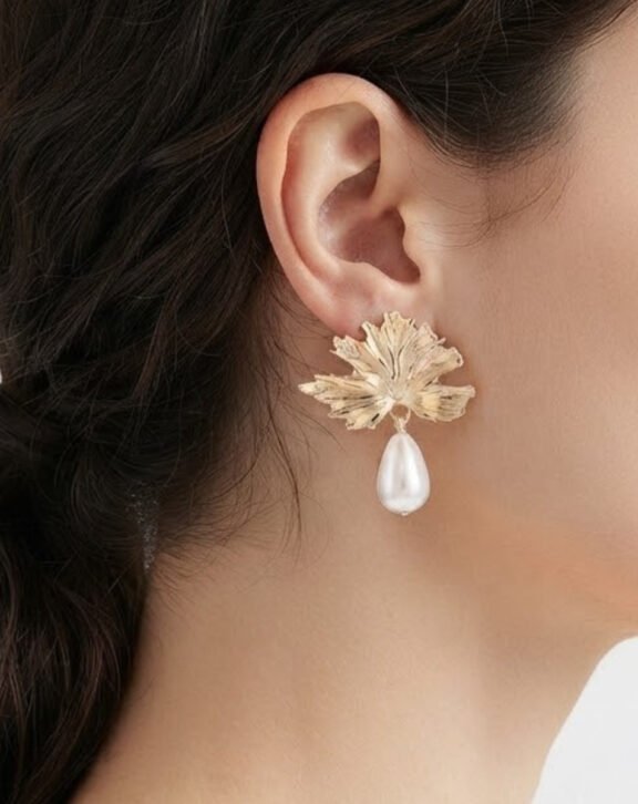 Leaf Pearl Drop Earrings Pair